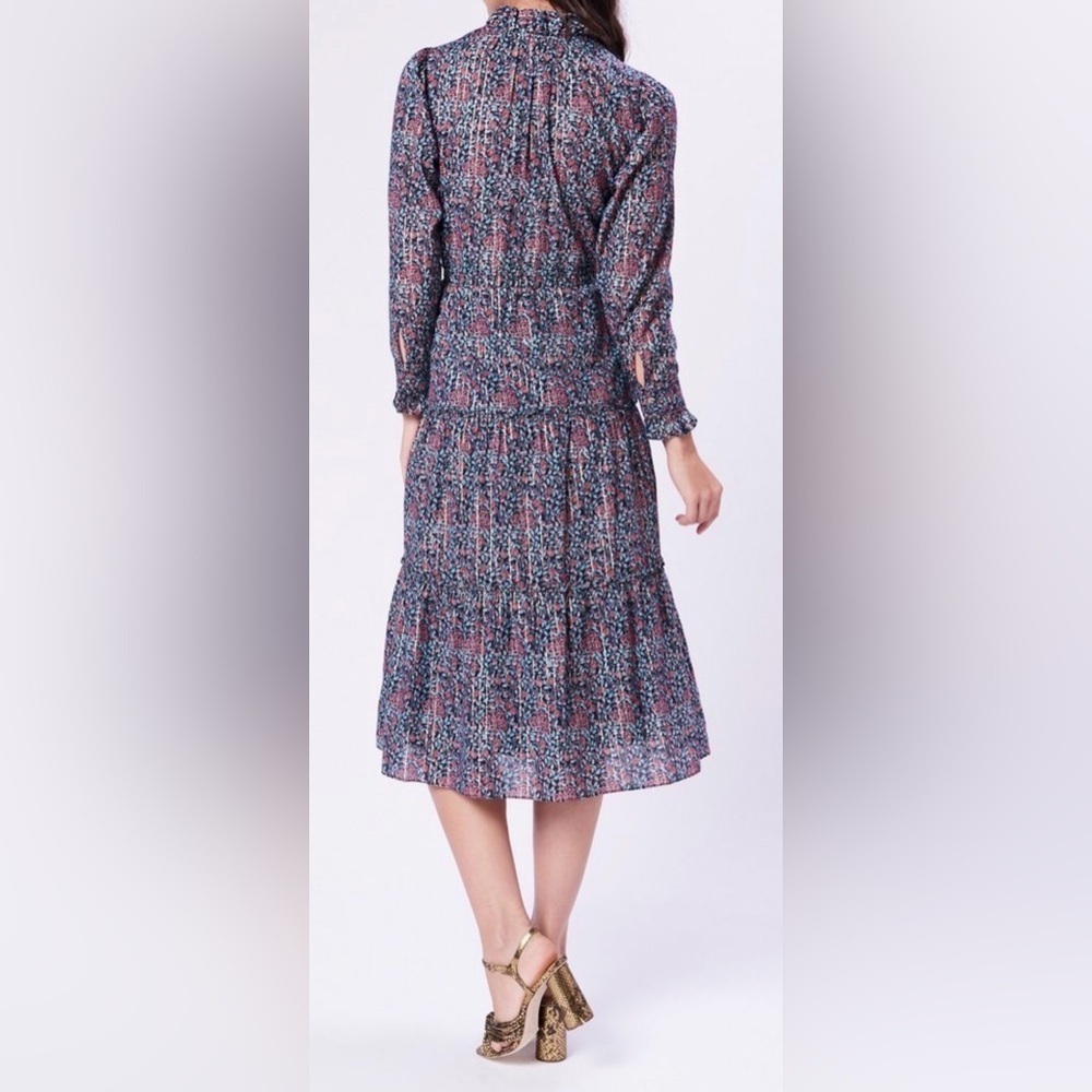 La Vie Rebecca Taylor Lilou Long Sleeve Ruffle Dress In Midnight Navy - Picture 2 of 7